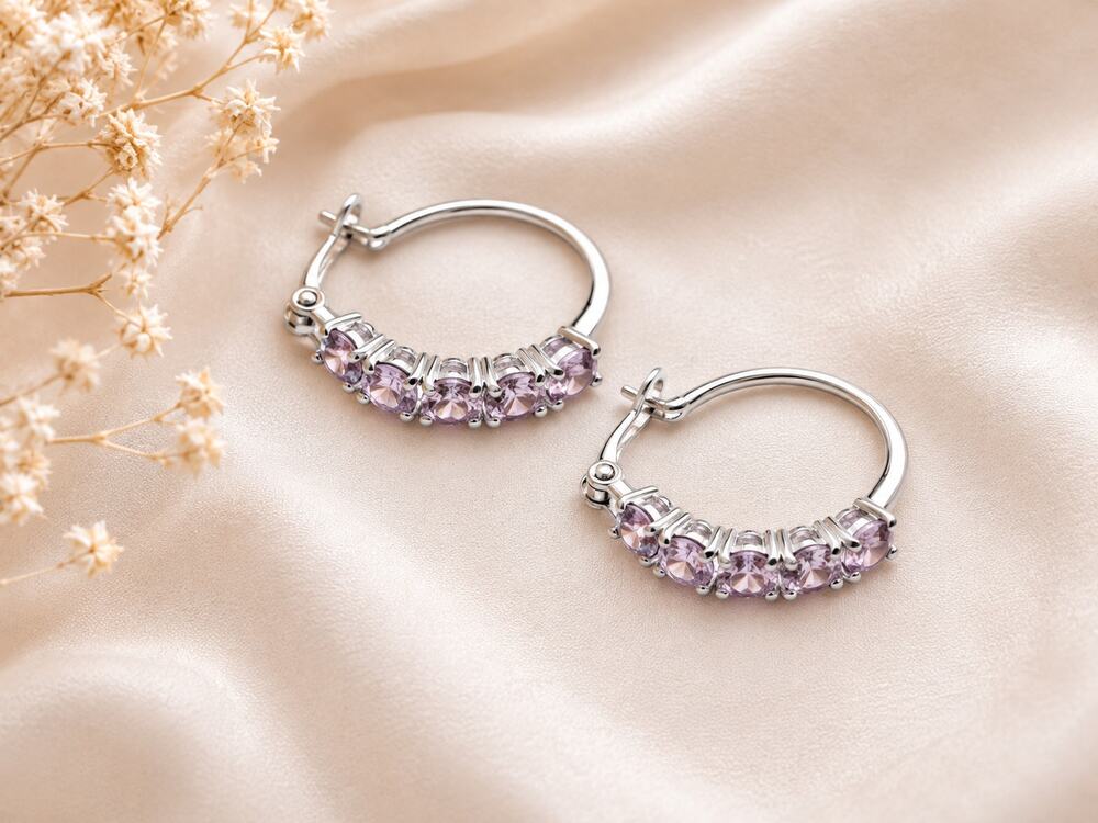 Silver Tone Pink Crystal Hoop Earrings Sparkly Rhinestone Statement Jewelry